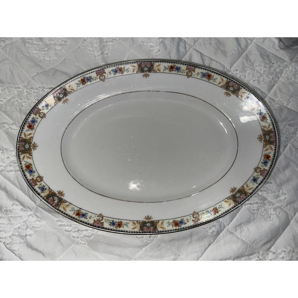 Oval Antique Porcelain Serving Platter with Floral and Gold Trim